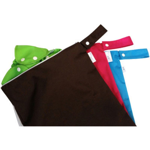 amp wet bag brown, pink, blue with green diaper sticking out