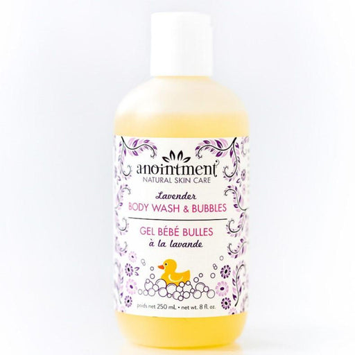 anointment lavender body wash and bubbles, clear bottle with yellow liquid inside. Label has floral design and duck in bubbles 