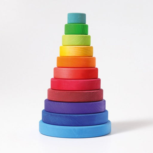 grimm's conical tower large rainbow, stacked from largest to smallest, colours from largest to smallest: light blue base, dark blue, purple, maroon, red, orange-red, orange, yellow, yellow-green, green, light blue