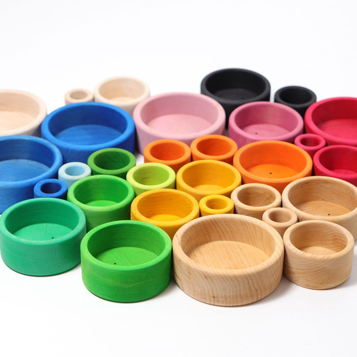 all colours wood grimm's stacking bowls laid out together