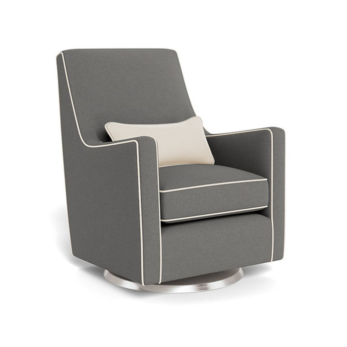 monte luca glider dark grey wool with beach off white linen piping and pillow stainless steel swivel base