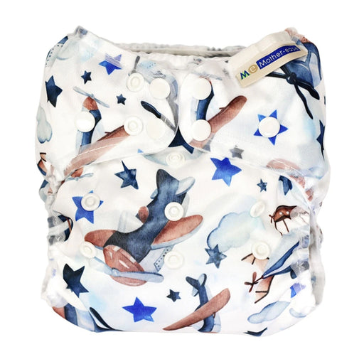 mother ease organic wizard duo cloth diaper cover flight pattern white background with brown and blue planes, blue stars with white trim, logo on tag, one size