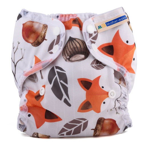 mother ease organic wizard duo cloth diaper cover foxy pattern white background with brown leaves and orange foxes with white trim, logo on tag, one size