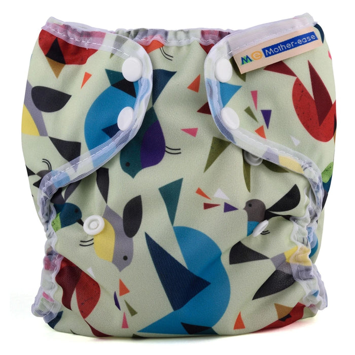 mother ease organic wizard duo cloth diaper cover tweet pattern light green background with birds and triangles of all colours with white trim, logo on tag, one size