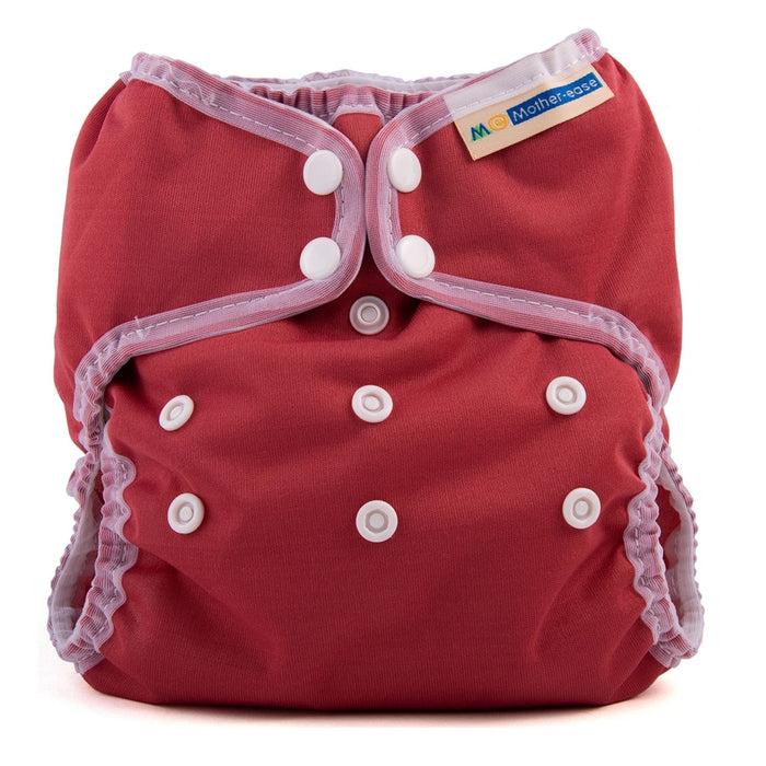 mother ease organic wizard duo cloth diaper cover cranberry dark red with white trim, logo on tag, one size