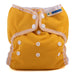 mother ease organic wizard duo cloth diaper cover mustard yellow with white trim, logo on tag, one size
