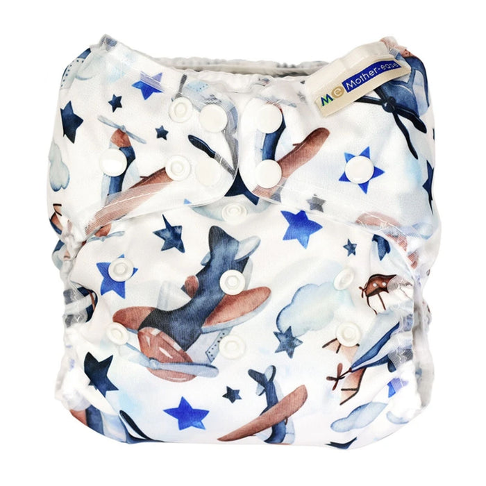 mother ease organic wizard uno all in one cloth diaper flight white background with blue stars and blue and brown airplanes with white trim, logo on tag, one size