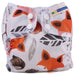 mother ease organic wizard uno all in one cloth diaper foxy pattern, white background with orange wolf and brown leaf  with white trim, logo on tag, newborn size