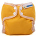 mother ease organic wizard uno all in one cloth diaper mustard yellow with white trim, logo on tag, newborn size