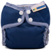 mother ease organic wizard uno all in one cloth diaper navy with white trim, logo on tag, newborn size