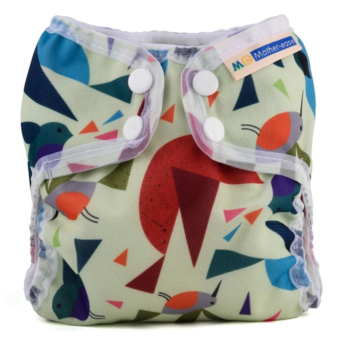mother ease organic wizard uno all in one cloth diaper tweet pattern light green with birds and triangles of many colours with white trim, logo on tag, newborn size