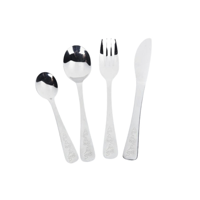 onyx cutlery duckies, engraved duck pattern on bottom of cutlery, from left to right, small spoon, large spoon, fork, knife